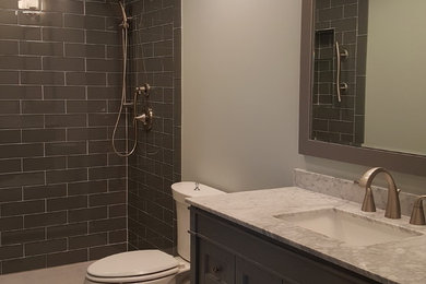 Doorless shower - transitional master gray tile and glass tile ceramic tile doorless shower idea in Chicago with shaker cabinets, gray cabinets, an undermount sink and marble countertops