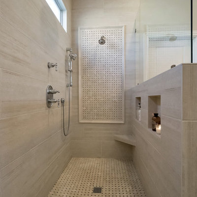 Bathroom - mid-sized traditional master beige tile and porcelain tile porcelain tile and gray floor bathroom idea in Phoenix with raised-panel cabinets, black cabinets, a one-piece toilet, gray walls, a drop-in sink and quartzite countertops