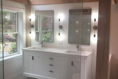 Bathroom - large contemporary bathroom idea in Boston with white cabinets