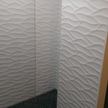 MASTER BATHROOM - Large Wave Tile Shower / Penny Tile Wainscot / Ikea Cabinets