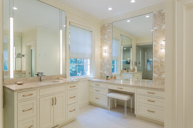 Inspiration for a large transitional master white tile and porcelain tile porcelain tile and white floor walk-in shower remodel in Raleigh with shaker cabinets, white cabinets, a wall-mount toilet, white walls, an undermount sink, quartzite countertops, a hinged shower door and beige countertops