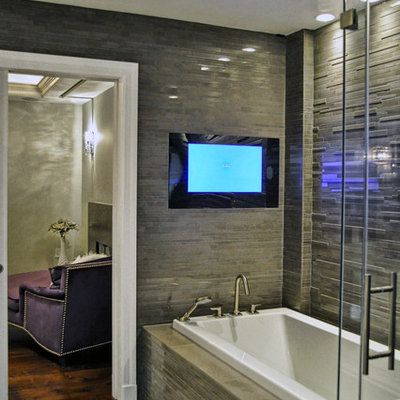 Inspiration for a large contemporary master brown tile and porcelain tile porcelain tile drop-in bathtub remodel in New York with gray walls