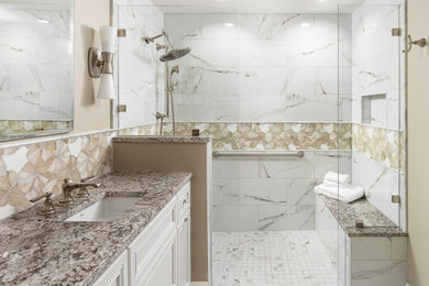 Small transitional master white tile and porcelain tile porcelain tile, white floor and double-sink bathroom photo in Louisville with recessed-panel cabinets, white cabinets, beige walls, an undermount sink, granite countertops, multicolored countertops and a built-in vanity