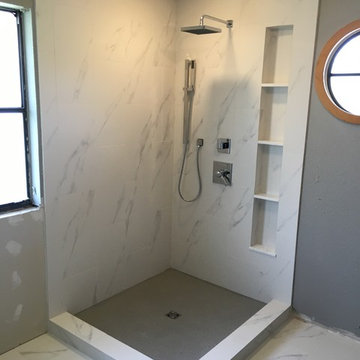 MASTER BATHROOM - Porcelain White Marble Tile, Gray Hexagon Shower Floor