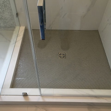 MASTER BATHROOM - Porcelain White Marble Tile, Gray Hexagon Shower Floor