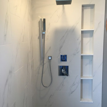 MASTER BATHROOM - Porcelain White Marble Tile, Gray Hexagon Shower Floor
