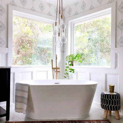 Bathroom - transitional master gray floor and marble floor bathroom idea in Austin with blue cabinets, gray countertops, furniture-like cabinets, an undermount sink and marble countertops