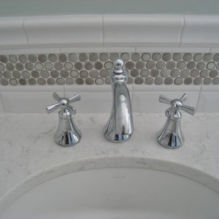 Bathroom - large transitional master white tile and subway tile porcelain tile bathroom idea in New York with shaker cabinets, gray cabinets, a one-piece toilet, blue walls, an undermount sink and quartz countertops
