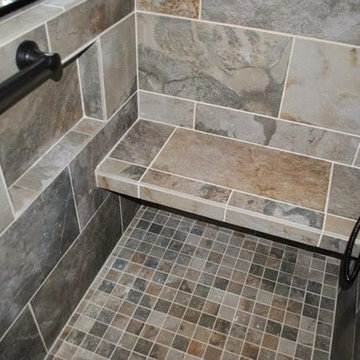 Master Bathroom Remodel with White Polystone Pecan Cabinetry and Mosaic Tile