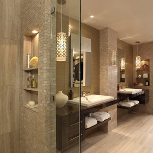 Inspiration for a contemporary bathroom remodel in Atlanta with open cabinets, dark wood cabinets, beige walls and a niche