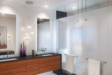 Corner shower - mid-sized modern master white tile and porcelain tile ceramic tile corner shower idea in Miami with an undermount sink, flat-panel cabinets, medium tone wood cabinets, quartz countertops, a one-piece toilet and white walls