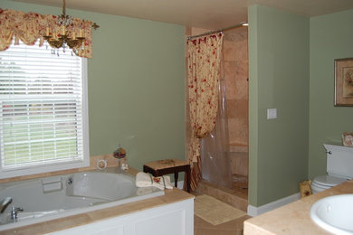 Master Bathroom w/Travertine Tile & Antique Sink Vanity