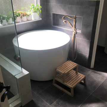 MASTER BATHROOM - White and Dark Gray Tile, Japanese Soaker Tub, Corner Shower