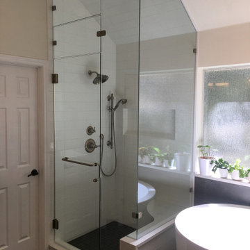 MASTER BATHROOM - White and Dark Gray Tile, Japanese Soaker Tub, Corner Shower