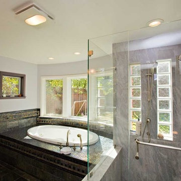 Master Bathroom with Black Tile and Granite