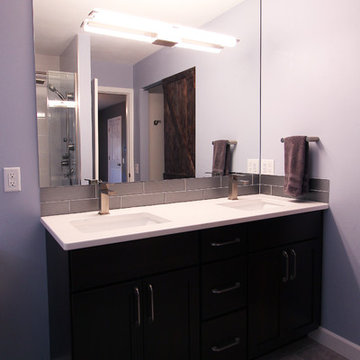 Master Bathroom with Dark Stained Vanity and Walk in Shower