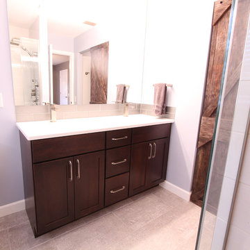Master Bathroom with Dark Stained Vanity and Walk in Shower