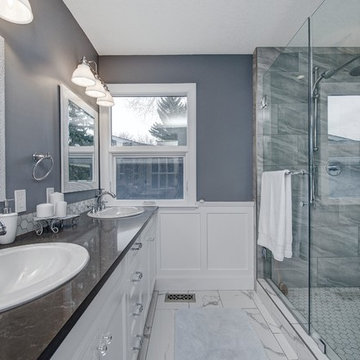 Master bathroom with double drop in sinks and custom Ceaserstone counter top and