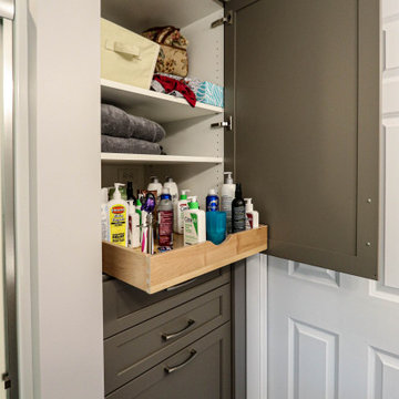 Master Bathroom with Frappe Gray Vanity, Closet Storage and Shower Enclosure