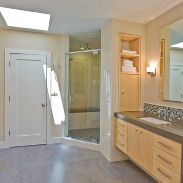 Master Bathroom with vanity, shower, storage, skylight, master closet door