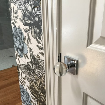 Mid-sized elegant master gray tile and mosaic tile marble floor and white floor bathroom photo in Raleigh with shaker cabinets, white cabinets, a one-piece toilet, white walls, an undermount sink and marble countertops