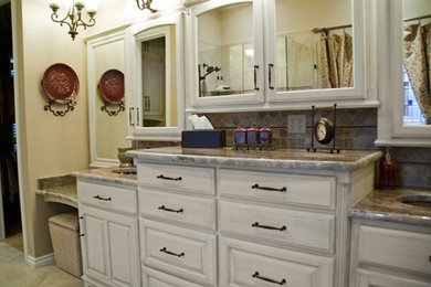 Example of a mid-sized transitional master beige tile, brown tile, gray tile and ceramic tile marble floor bathroom design in Oklahoma City with shaker cabinets, white cabinets, marble countertops, beige walls and an undermount sink