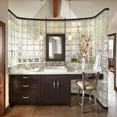 Example of a mid-sized classic master glass tile porcelain tile bathroom design in Denver with a drop-in sink, shaker cabinets, dark wood cabinets, white walls, quartzite countertops and white countertops