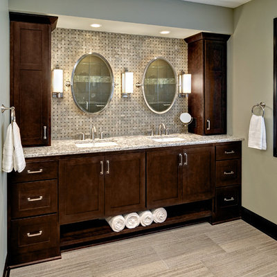 Large elegant master beige tile and ceramic tile porcelain tile bathroom photo in Minneapolis with an undermount sink, shaker cabinets, dark wood cabinets, granite countertops, a two-piece toilet and green walls