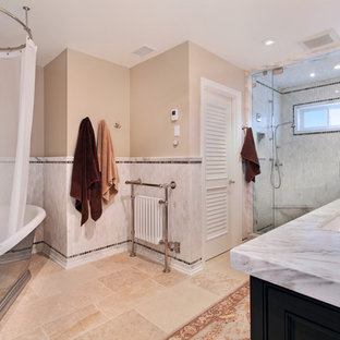 Freestanding bathtub - coastal freestanding bathtub idea in Orange County with shaker cabinets