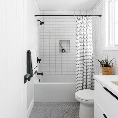 Bathroom - country master white tile gray floor, mosaic tile floor and single-sink bathroom idea in Los Angeles with an undermount sink, quartz countertops, white countertops, flat-panel cabinets, white cabinets, white walls and a floating vanity