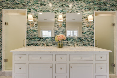 Example of a transitional master blue tile marble floor bathroom design in Dallas with beaded inset cabinets, white cabinets, gray walls, an undermount sink and marble countertops