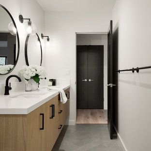 Example of a small minimalist kids' white tile and ceramic tile porcelain tile, gray floor and double-sink alcove shower design in San Francisco with flat-panel cabinets, white cabinets, a one-piece toilet, white walls, a drop-in sink, quartz countertops, a hinged shower door, white countertops, a niche and a floating vanity