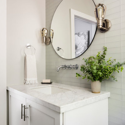 Mid-sized cottage gray tile and glass tile bathroom photo in Seattle with shaker cabinets, white cabinets, gray walls, an undermount sink, white countertops and marble countertops