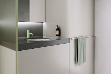 This is an example of a medium sized modern shower room bathroom in Other with flat-panel cabinets, grey cabinets, grey walls, an integrated sink and black worktops.