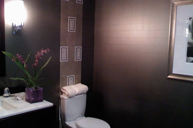 Metallic green bathroom with venetian plaster "tile" on wall