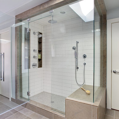 Trendy master white tile and ceramic tile bathroom photo in Richmond with a vessel sink and white walls