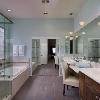 Inspiration for a contemporary gray tile bathroom remodel in Phoenix with a drop-in sink, shaker cabinets and dark wood cabinets