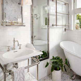 Photo of a small transitional master bathroom in San Diego with furniture-like cabinets, a claw-foot tub, a double shower, white tile, marble, a console sink, copper benchtops and an open shower.