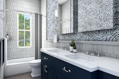 Foto de cuarto de baño clásico con suelo de baldosas de porcelana, lavabo bajoencimera, suelo gris y ducha con cortina