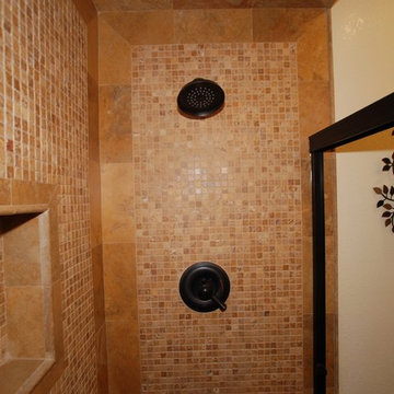 Moasic Tile Shower & Glass Sink pedestal With Copper Dolphin Faucet