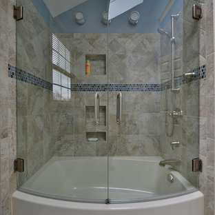 Inspiration for a mid-sized contemporary master beige tile, white tile and porcelain tile porcelain tile and beige floor bathroom remodel in Philadelphia with a hinged shower door and blue walls