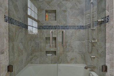 Inspiration for a mid-sized contemporary master beige tile, white tile and porcelain tile porcelain tile and beige floor bathroom remodel in Philadelphia with a hinged shower door and blue walls
