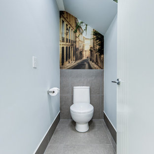 Inspiration for a small contemporary bathroom in Sunshine Coast with blue walls, ceramic floors, grey floor, a one-piece toilet, gray tile and porcelain tile.