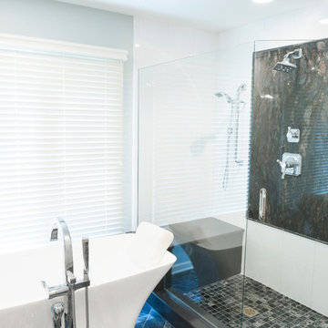 Modern Bath with Frameless Glass Shower Enclosure & Granite Accent