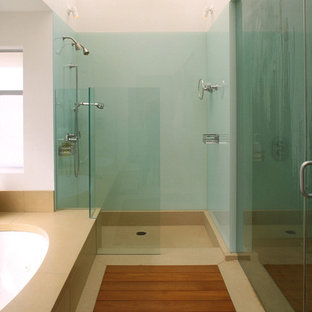 Esempio di una stanza da bagno minimalista con vasca sottopiano, doccia alcova, piastrelle blu e lastra di vetro