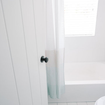 Modern Bathroom, Patterened Floor Tiles-- Grey & White