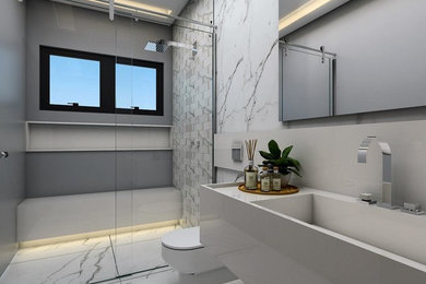 Bathroom - mid-sized modern concrete floor, double-sink and white floor bathroom idea in San Francisco with flat-panel cabinets, white cabinets, white walls, quartz countertops, a built-in vanity, a one-piece toilet and a trough sink