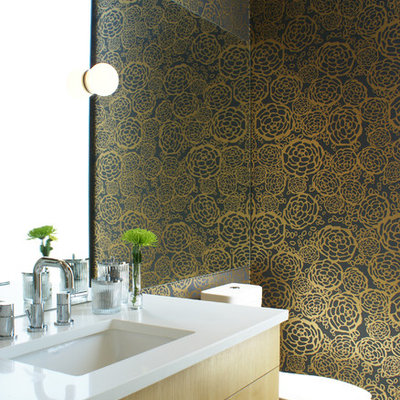Inspiration for a modern bathroom remodel in Austin with an undermount sink, a one-piece toilet and multicolored walls