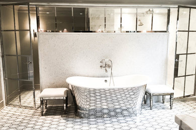 Transitional master gray tile marble floor bathroom photo in Newark