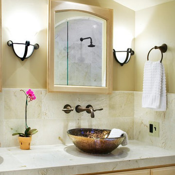 Modern Bathroom with Copper Colored Vessel Sinks